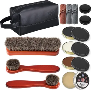 13 Pcs Shoe Shine Kit for Men, Black Shoe Polish Kit for Leather Boot Care and Cleaning, with PU Storage Bag