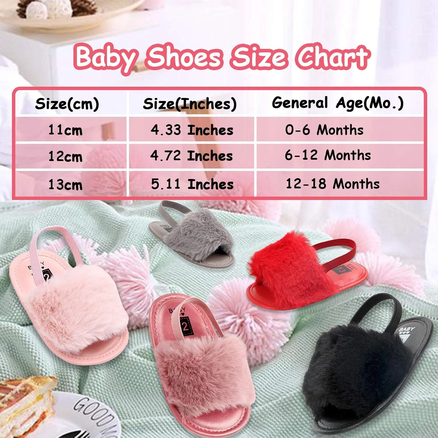 2 Pack Infant Baby Girls Sandals Elastic Back Strap Flats Slippers Soft Toddles Princess Shoes Faux Fur Slides Shoes First Walker House Shoes
