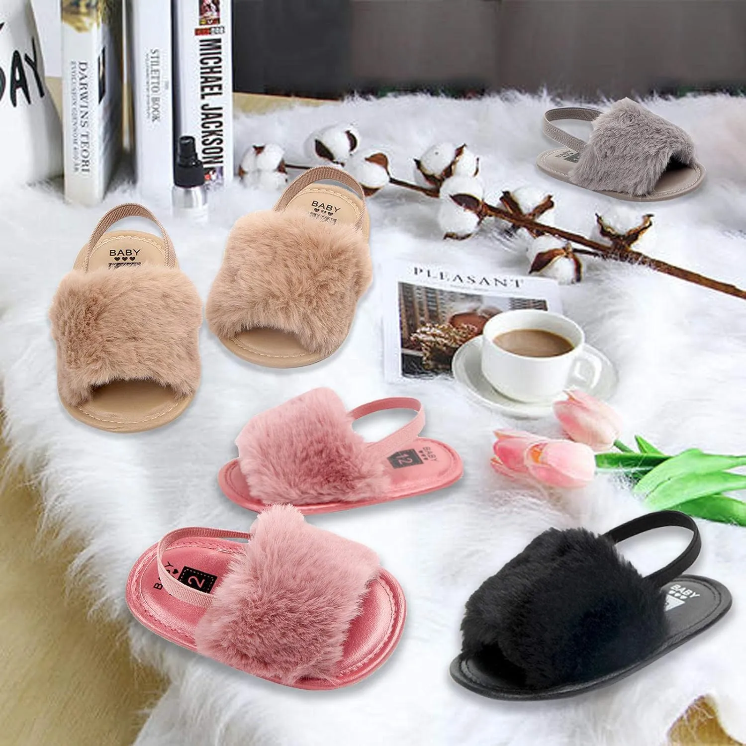 2 Pack Infant Baby Girls Sandals Elastic Back Strap Flats Slippers Soft Toddles Princess Shoes Faux Fur Slides Shoes First Walker House Shoes