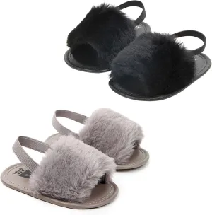 2 Pack Infant Baby Girls Sandals Elastic Back Strap Flats Slippers Soft Toddles Princess Shoes Faux Fur Slides Shoes First Walker House Shoes