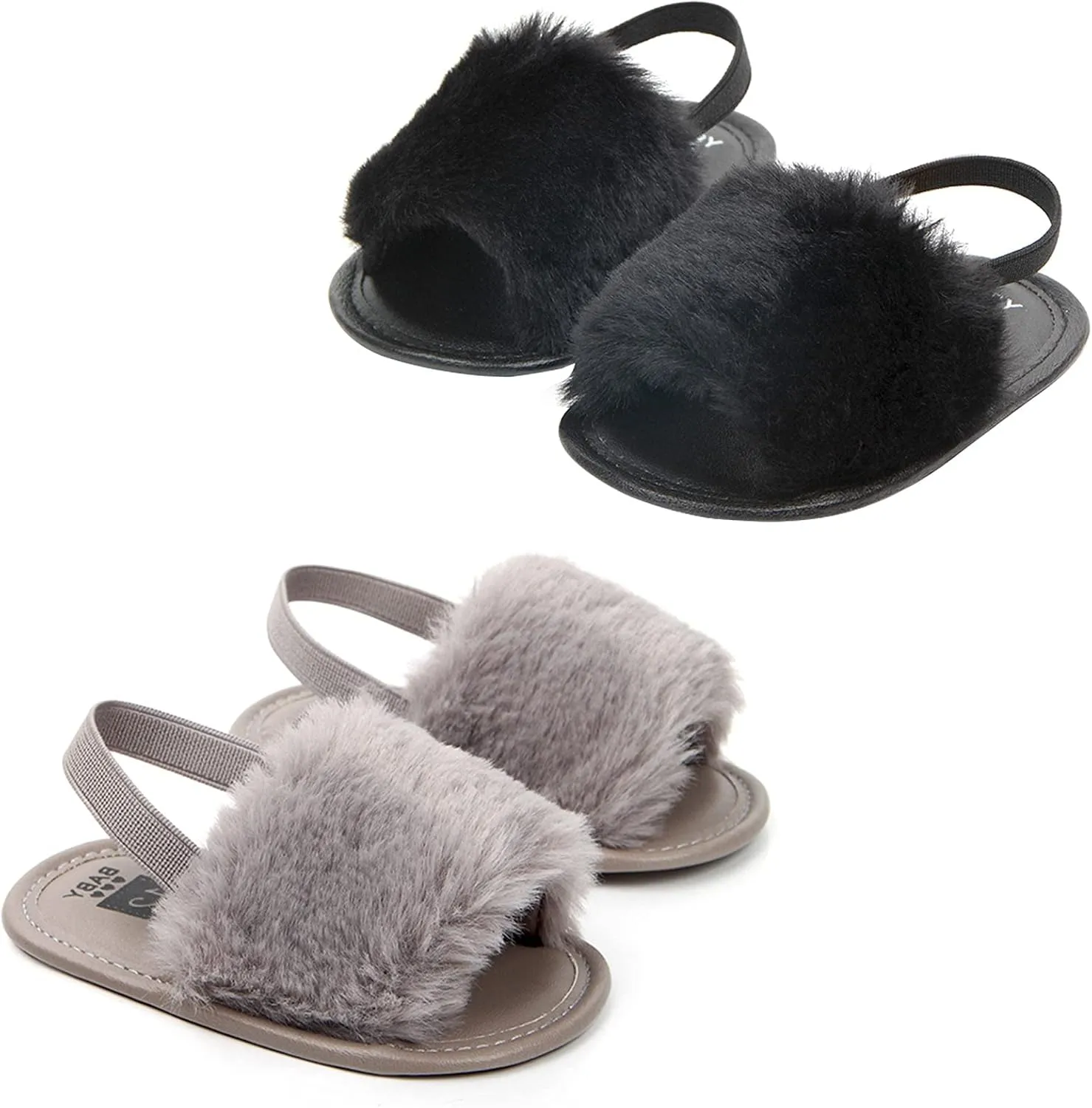 2 Pack Infant Baby Girls Sandals Elastic Back Strap Flats Slippers Soft Toddles Princess Shoes Faux Fur Slides Shoes First Walker House Shoes