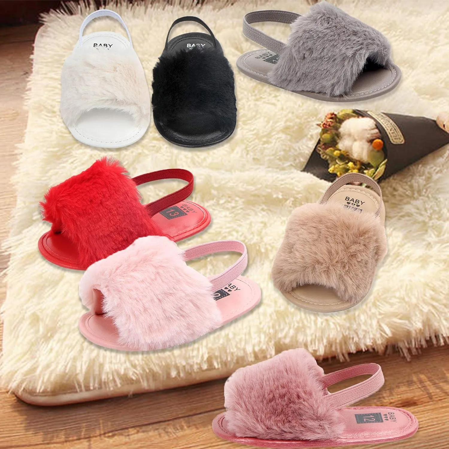 2 Pack Infant Baby Girls Sandals Elastic Back Strap Flats Slippers Soft Toddles Princess Shoes Faux Fur Slides Shoes First Walker House Shoes