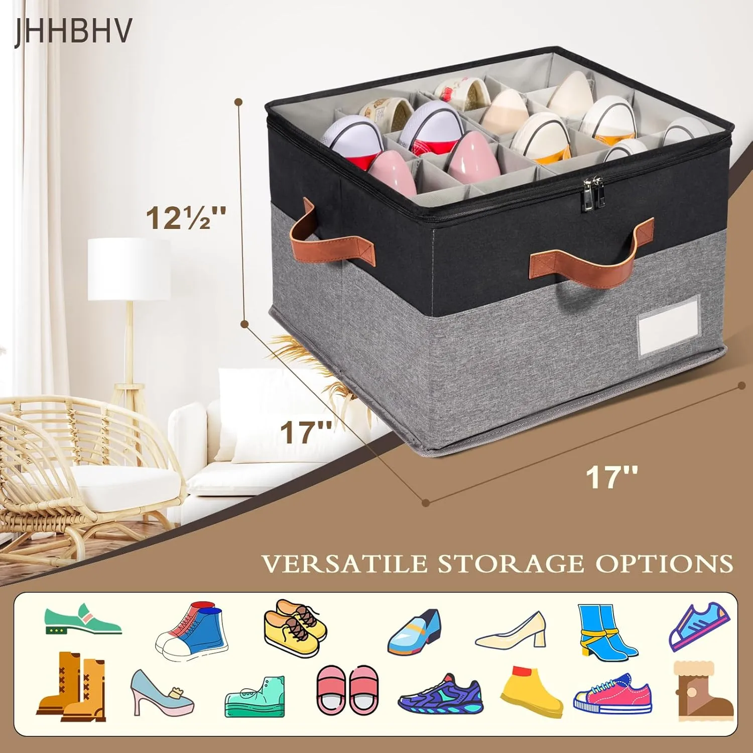 2 Pack Shoe Organizer for Closet, Adjustable Shoe Box Storage Containers, Large Foldable Shoe Bins with Clear Cover, Space Saving Shoes Holder with 4 Handles, Fits 8-16 Pairs, Black