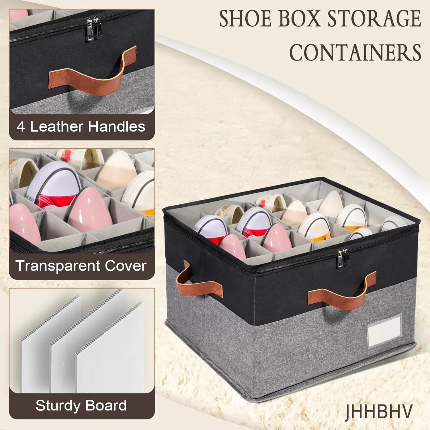 2 Pack Shoe Organizer for Closet, Adjustable Shoe Box Storage Containers, Large Foldable Shoe Bins with Clear Cover, Space Saving Shoes Holder with 4 Handles, Fits 8-16 Pairs, Black