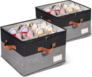 2 Pack Shoe Organizer for Closet, Adjustable Shoe Box Storage Containers, Large Foldable Shoe Bins with Clear Cover, Space Saving Shoes Holder with 4 Handles, Fits 8-16 Pairs, Black