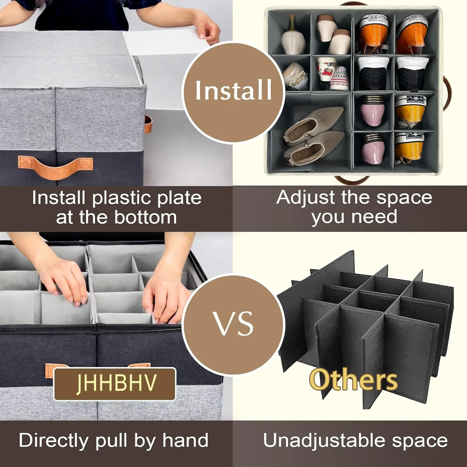 2 Pack Shoe Organizer for Closet, Adjustable Shoe Box Storage Containers, Large Foldable Shoe Bins with Clear Cover, Space Saving Shoes Holder with 4 Handles, Fits 8-16 Pairs, Black