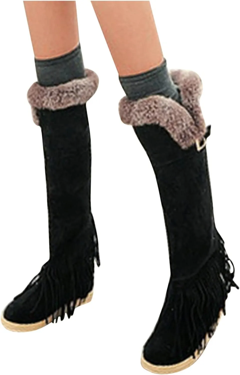 2021 Women's Shoes Breathable Flats Suede Tassel Pure Colors Thermal Winter FashionThigh Boots
