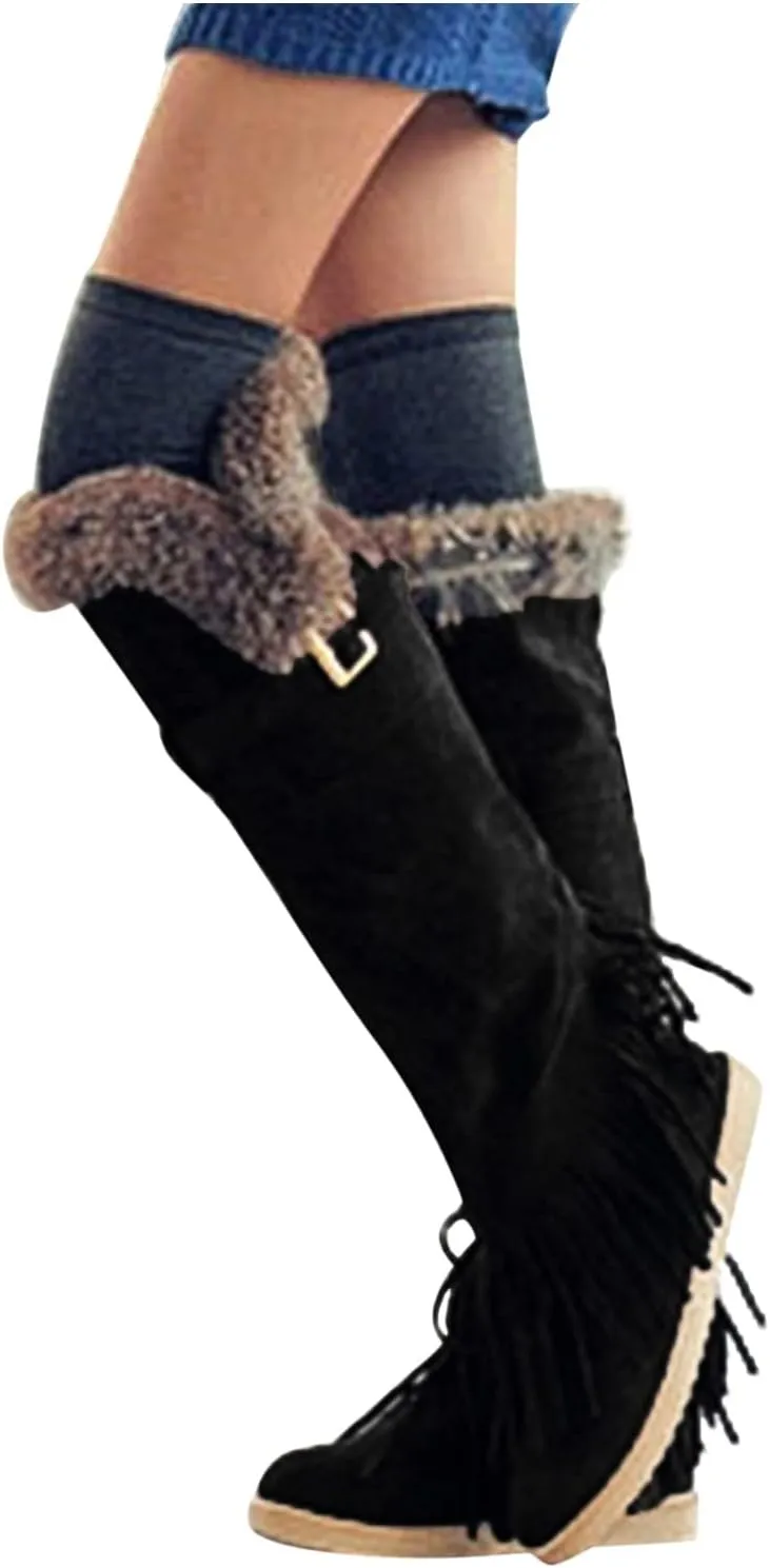 2021 Women's Shoes Breathable Flats Suede Tassel Pure Colors Thermal Winter FashionThigh Boots