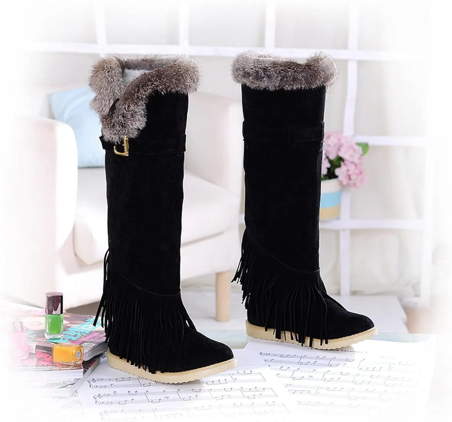 2021 Women's Shoes Breathable Flats Suede Tassel Pure Colors Thermal Winter FashionThigh Boots
