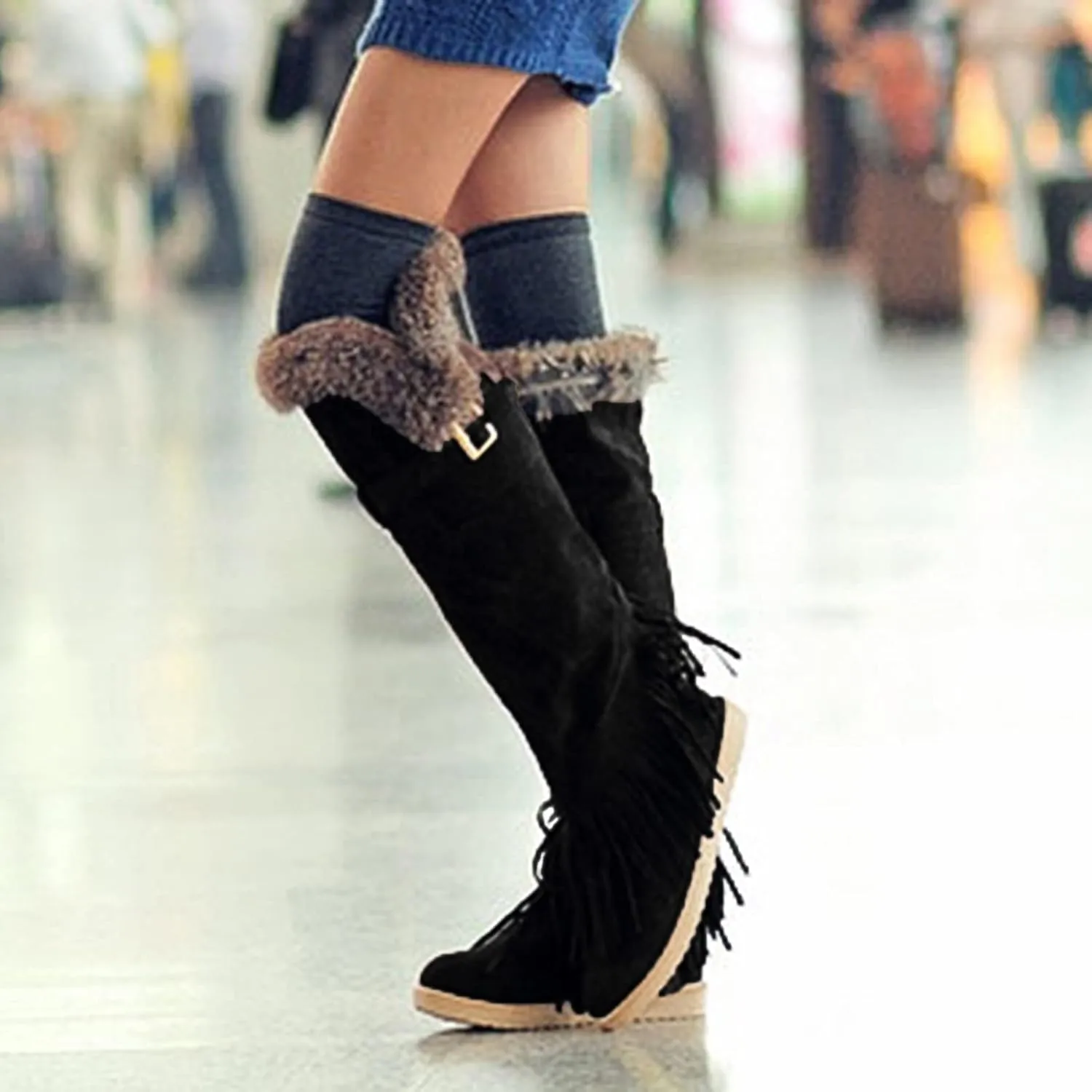 2021 Women's Shoes Breathable Flats Suede Tassel Pure Colors Thermal Winter FashionThigh Boots