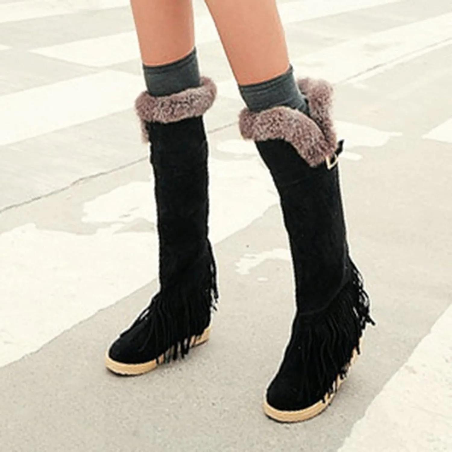 2021 Women's Shoes Breathable Flats Suede Tassel Pure Colors Thermal Winter FashionThigh Boots