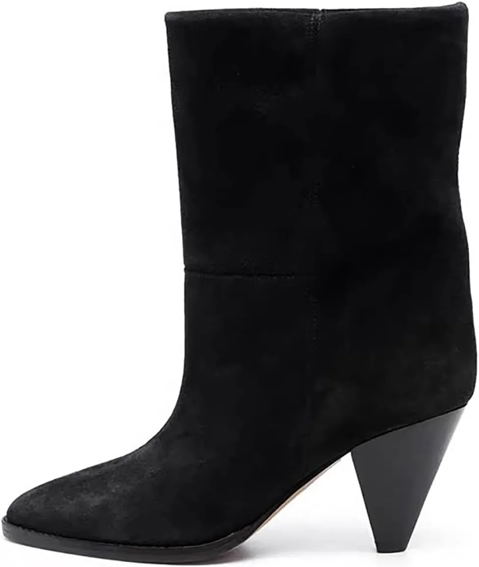 2024 tan Mid-Calf Boots blue denim Cone heels pull on Womens booties Pointed toe Shoes for Women black suede Boots ankle cowboy boots Shoes jeans dressy boots