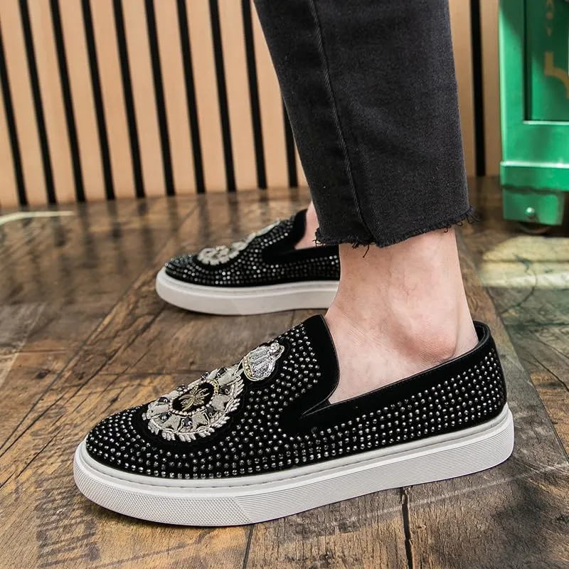 2025 New Men Tide Leather Casual Shoes Fashion Luxury Embroidery Twinkling Rhinestone Flat Shoes Leisure Sneakers Loafers