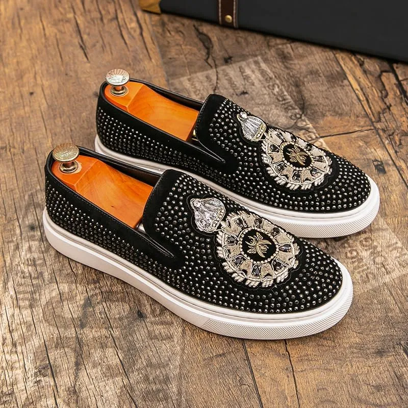 2025 New Men Tide Leather Casual Shoes Fashion Luxury Embroidery Twinkling Rhinestone Flat Shoes Leisure Sneakers Loafers