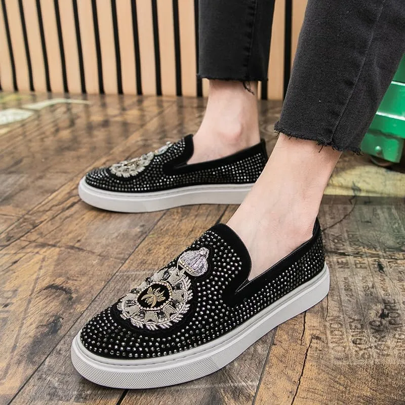 2025 New Men Tide Leather Casual Shoes Fashion Luxury Embroidery Twinkling Rhinestone Flat Shoes Leisure Sneakers Loafers