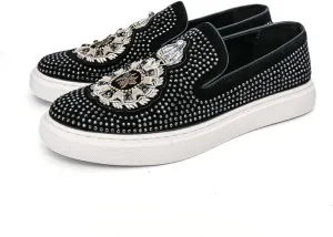 2025 New Men Tide Leather Casual Shoes Fashion Luxury Embroidery Twinkling Rhinestone Flat Shoes Leisure Sneakers Loafers
