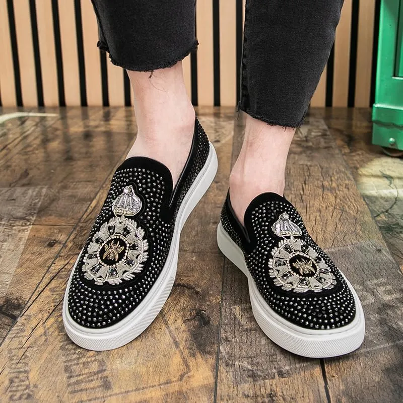 2025 New Men Tide Leather Casual Shoes Fashion Luxury Embroidery Twinkling Rhinestone Flat Shoes Leisure Sneakers Loafers