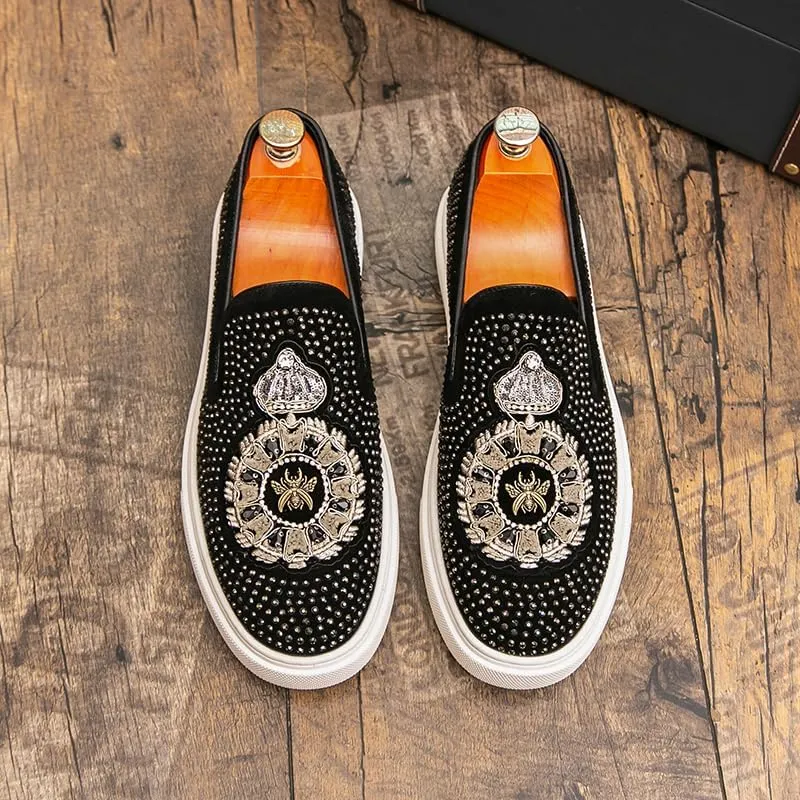 2025 New Men Tide Leather Casual Shoes Fashion Luxury Embroidery Twinkling Rhinestone Flat Shoes Leisure Sneakers Loafers