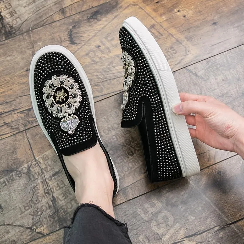 2025 New Men Tide Leather Casual Shoes Fashion Luxury Embroidery Twinkling Rhinestone Flat Shoes Leisure Sneakers Loafers
