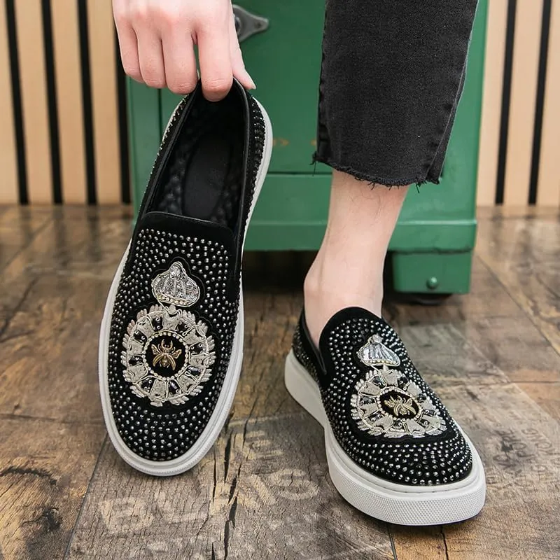 2025 New Men Tide Leather Casual Shoes Fashion Luxury Embroidery Twinkling Rhinestone Flat Shoes Leisure Sneakers Loafers