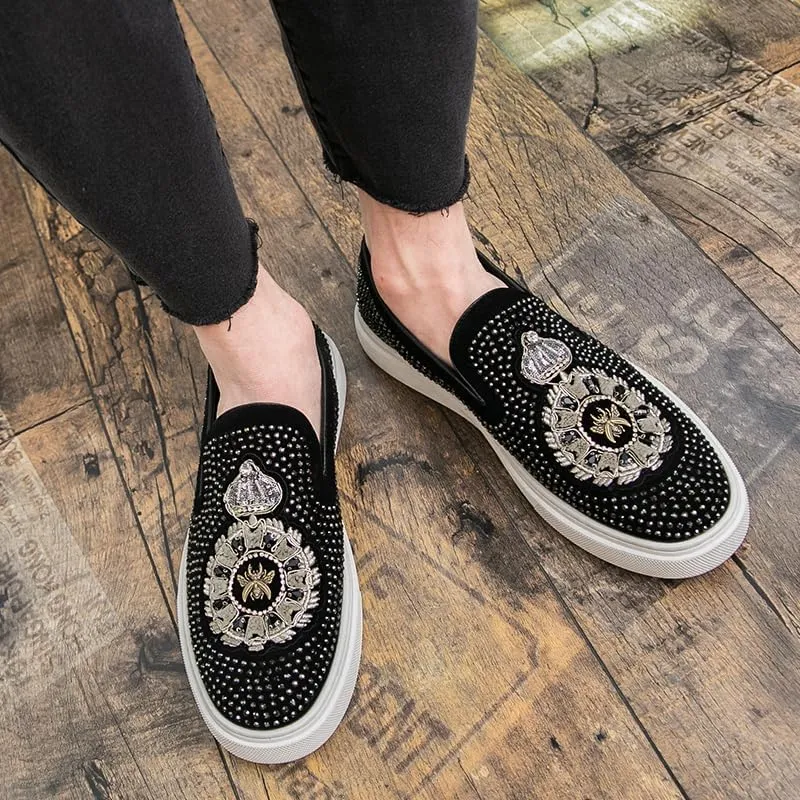 2025 New Men Tide Leather Casual Shoes Fashion Luxury Embroidery Twinkling Rhinestone Flat Shoes Leisure Sneakers Loafers