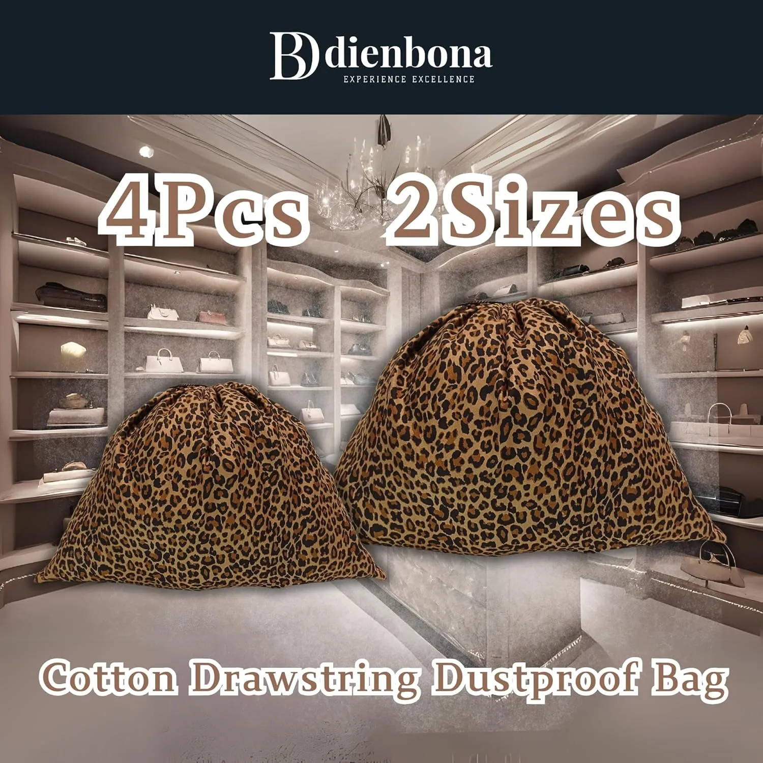 3 or 4 Packs Leopard Cotton Drawstring Dust Bag, Breathable Storage Cover for Handbags, Shoes and Travel Use (Leopard, 4 Pcs / 2 Sizes)