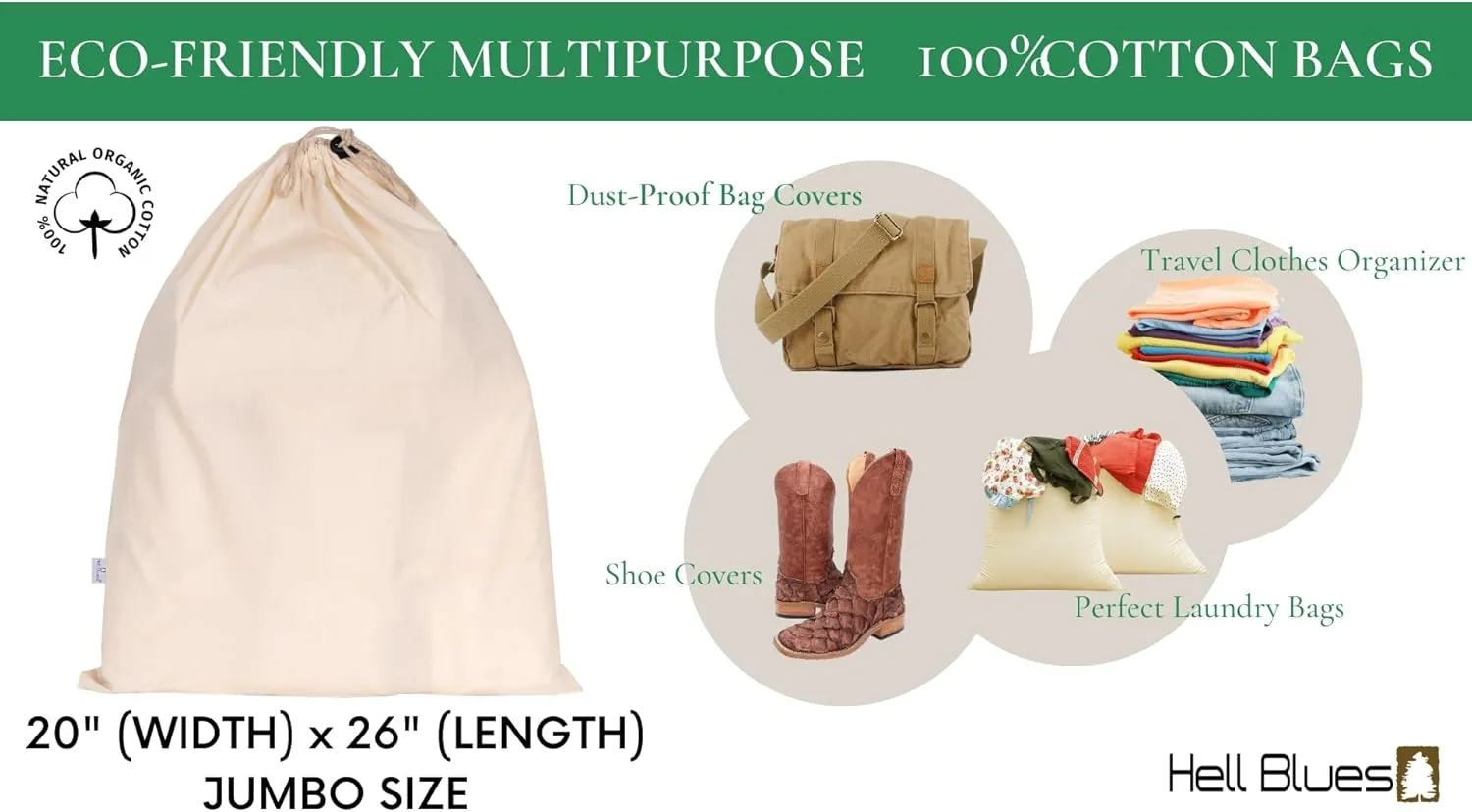 4-Pack Drawstring Dust Covers Large Cotton Cloth Storage Pouch 26" x 20" String Bag for Handbags Laundry Purses Shoes