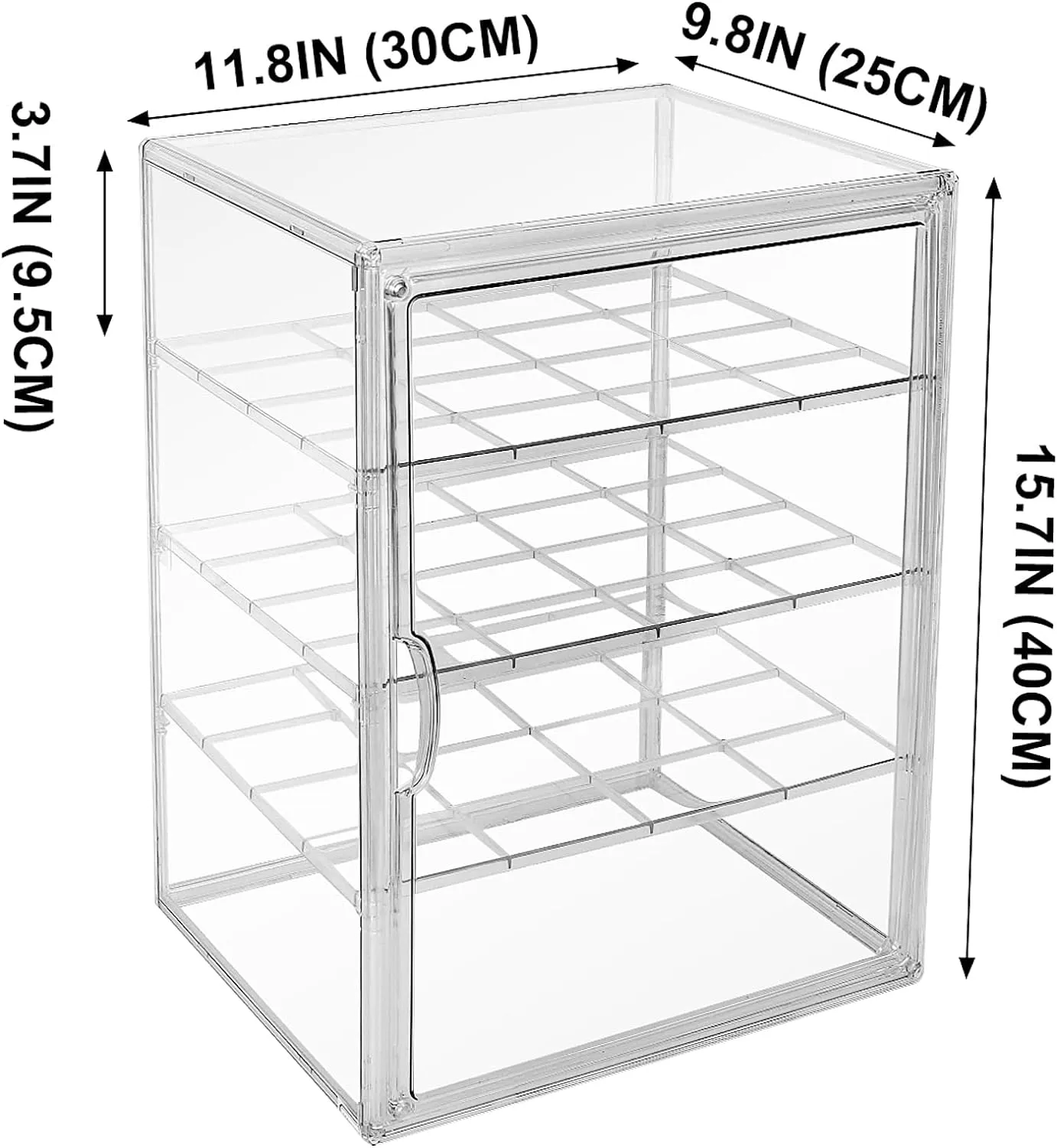 4PACK Extra Large 4 Tiers 15.7"X11.8"X9.8" Clear Acrylic Organizer Box Display Case, Plastic Holder with Magnetic Door and 3 Division Boards for Figures, Books, Handbags, Purses, Boots