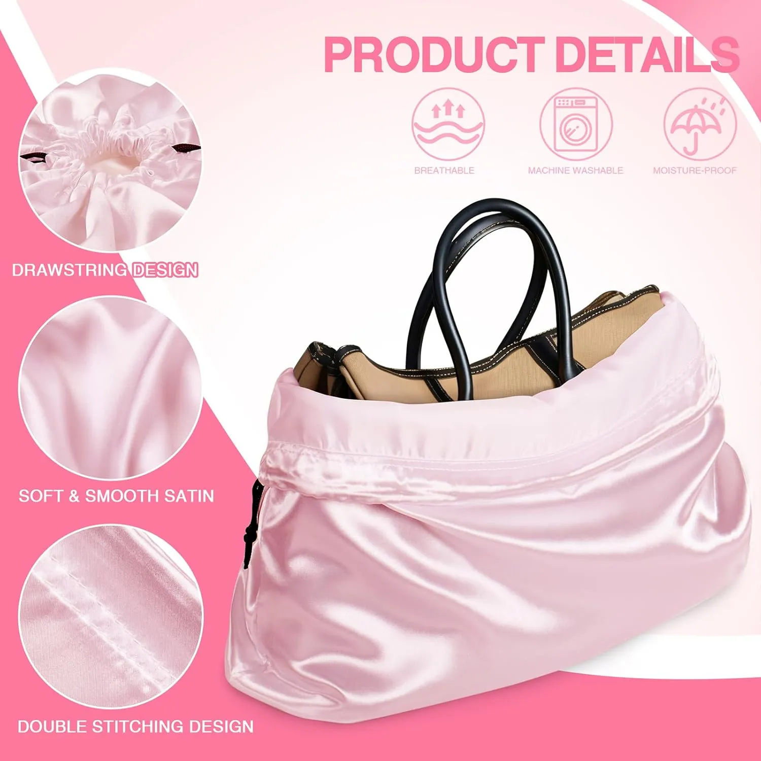 6 Pack Silky Dust Bags for Handbags, Pink Satin Dust Cover Bag Silk Drawstring Bag Handbag Protector Travel Storage Pouch for Purse Shoes Boots(19.6 x 15.7 In   23.6 x 19.6 In)