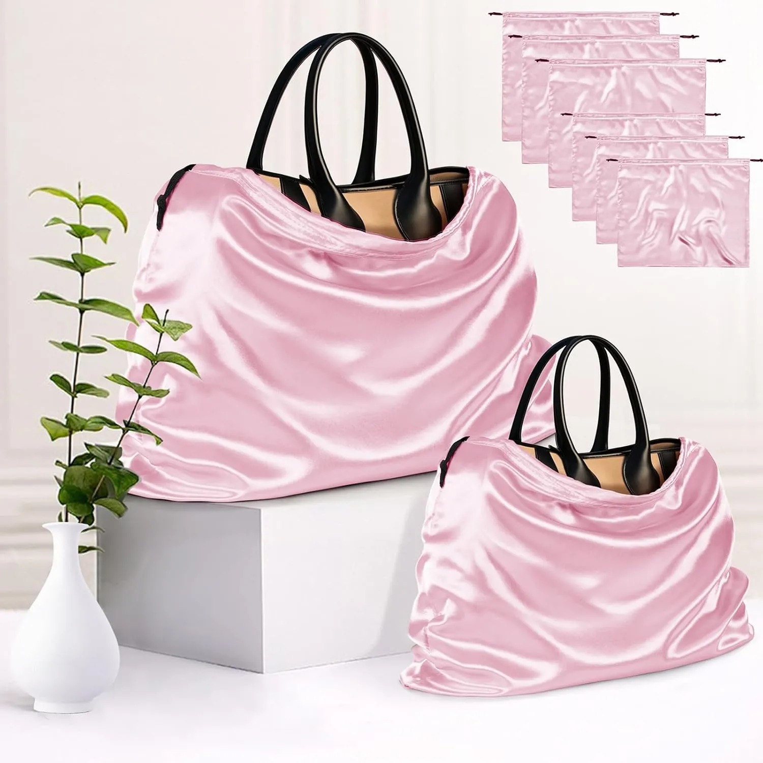 6 Pack Silky Dust Bags for Handbags, Pink Satin Dust Cover Bag Silk Drawstring Bag Handbag Protector Travel Storage Pouch for Purse Shoes Boots(19.6 x 15.7 In   23.6 x 19.6 In)