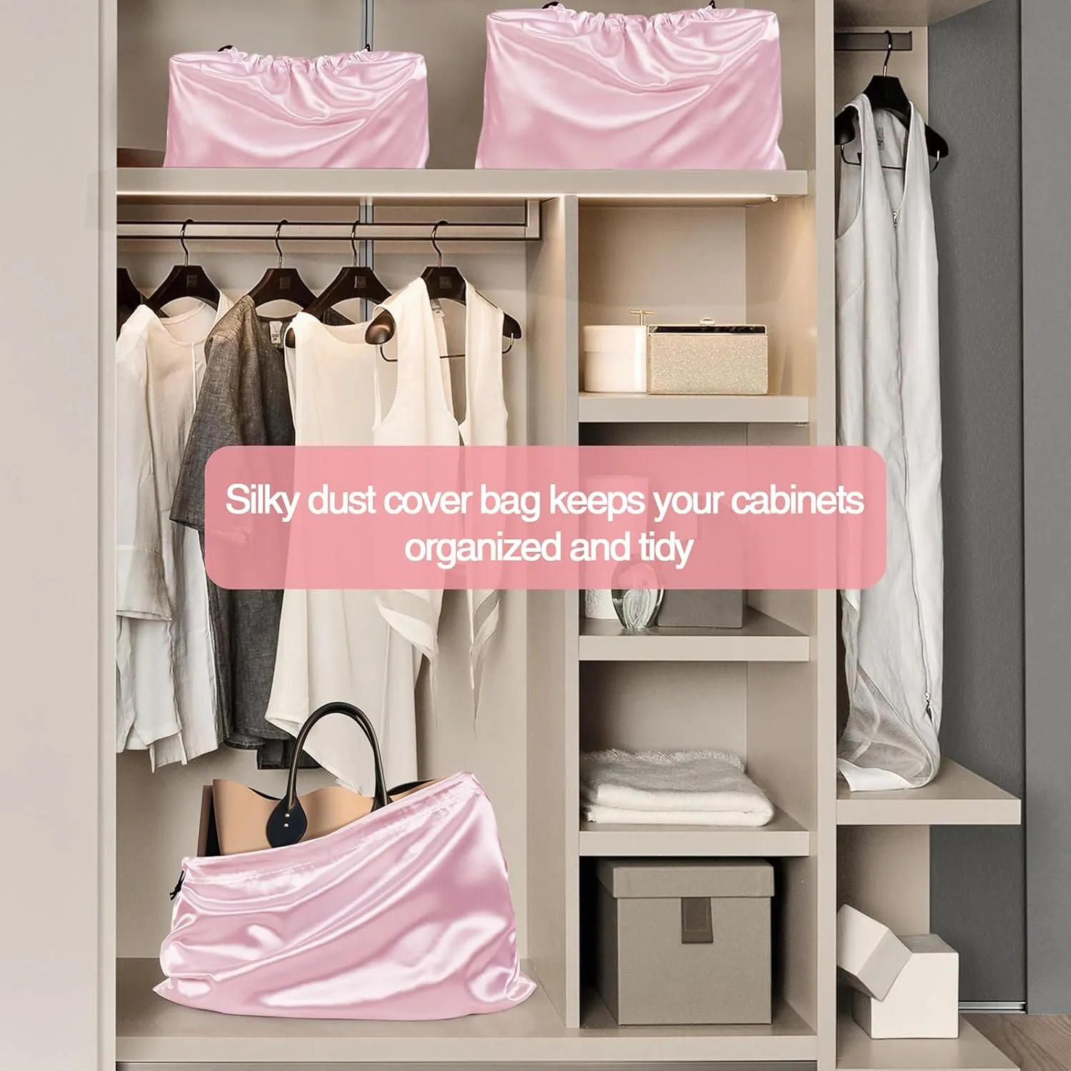 6 Pack Silky Dust Bags for Handbags, Pink Satin Dust Cover Bag Silk Drawstring Bag Handbag Protector Travel Storage Pouch for Purse Shoes Boots(19.6 x 15.7 In   23.6 x 19.6 In)