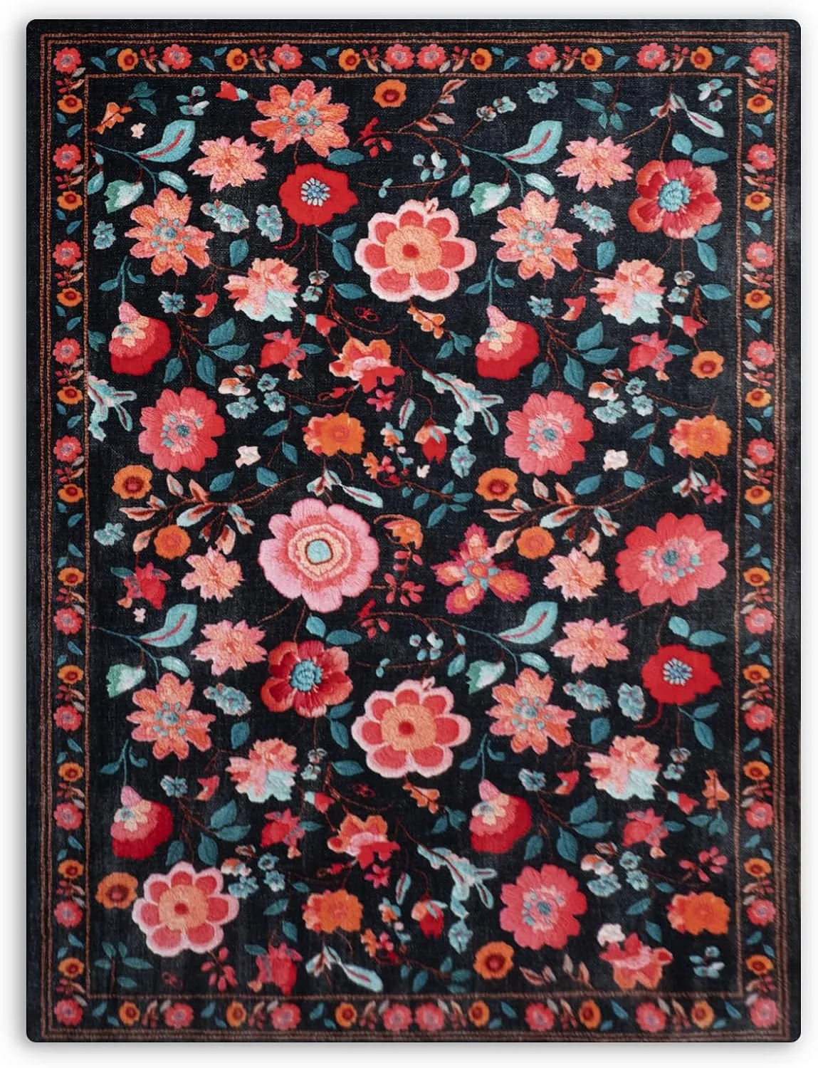 8x10 Area Rug for Living Room Clearance, Modern Washable Rug Non Slip Low Pile Floral Rugs for Living Room, Bedroom, Farmhouse, Dining Room, Kids Playroom, Black