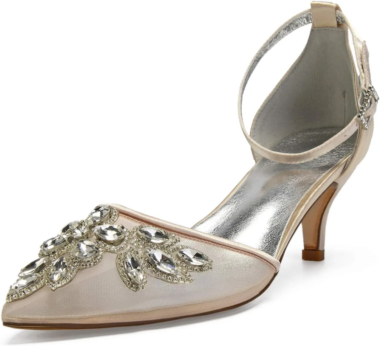 ADMLZQQ Women's Mid Heel Buckle Ankle Strap Lace Mesh Satin Bridal Wedding Shoes