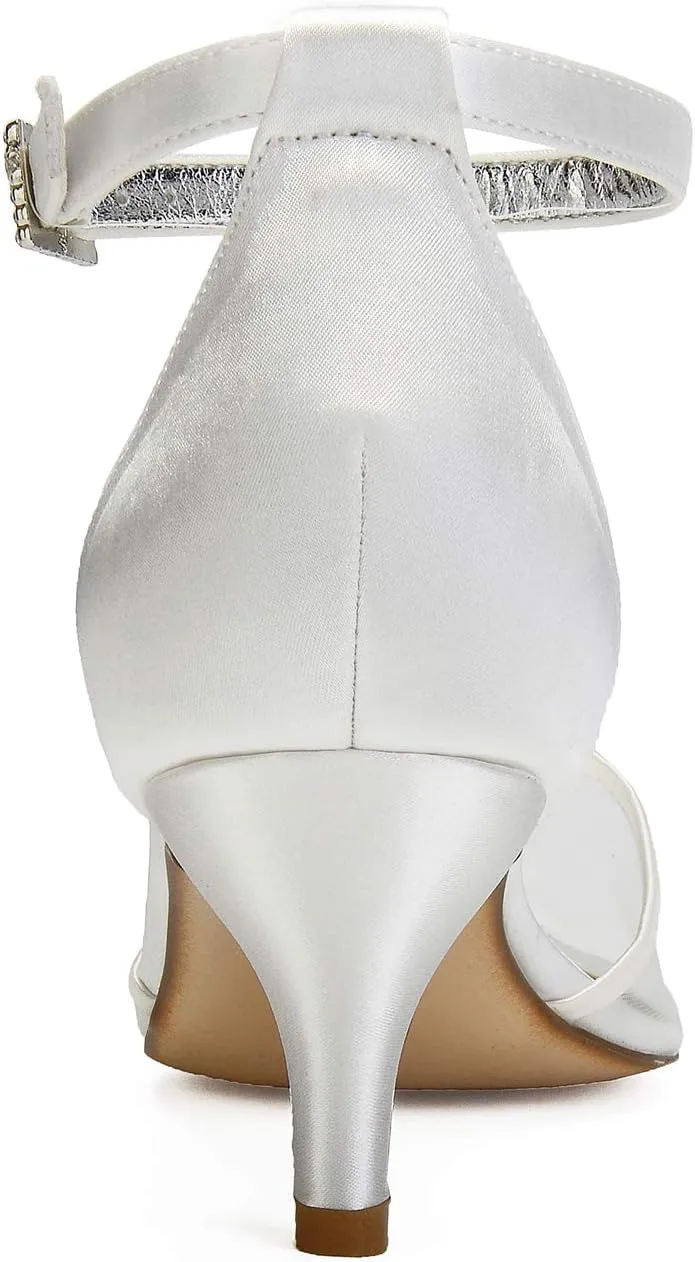 ADMLZQQ Women's Mid Heel Buckle Ankle Strap Lace Mesh Satin Bridal Wedding Shoes