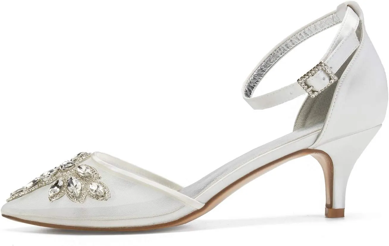 ADMLZQQ Women's Mid Heel Buckle Ankle Strap Lace Mesh Satin Bridal Wedding Shoes