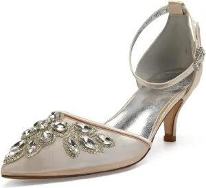 ADMLZQQ Women's Mid Heel Buckle Ankle Strap Lace Mesh Satin Bridal Wedding Shoes