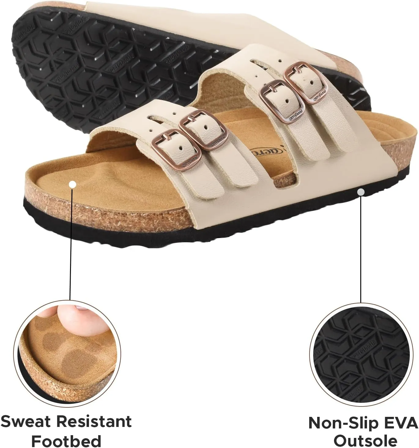 AEROTHOTIC Arch Support Recovery Slides for Women Comfy Memory Foam Cork Footbed Double Straps with Adjustable Buckle Slip on Beach Dressy Outdoor Ladies Sandals