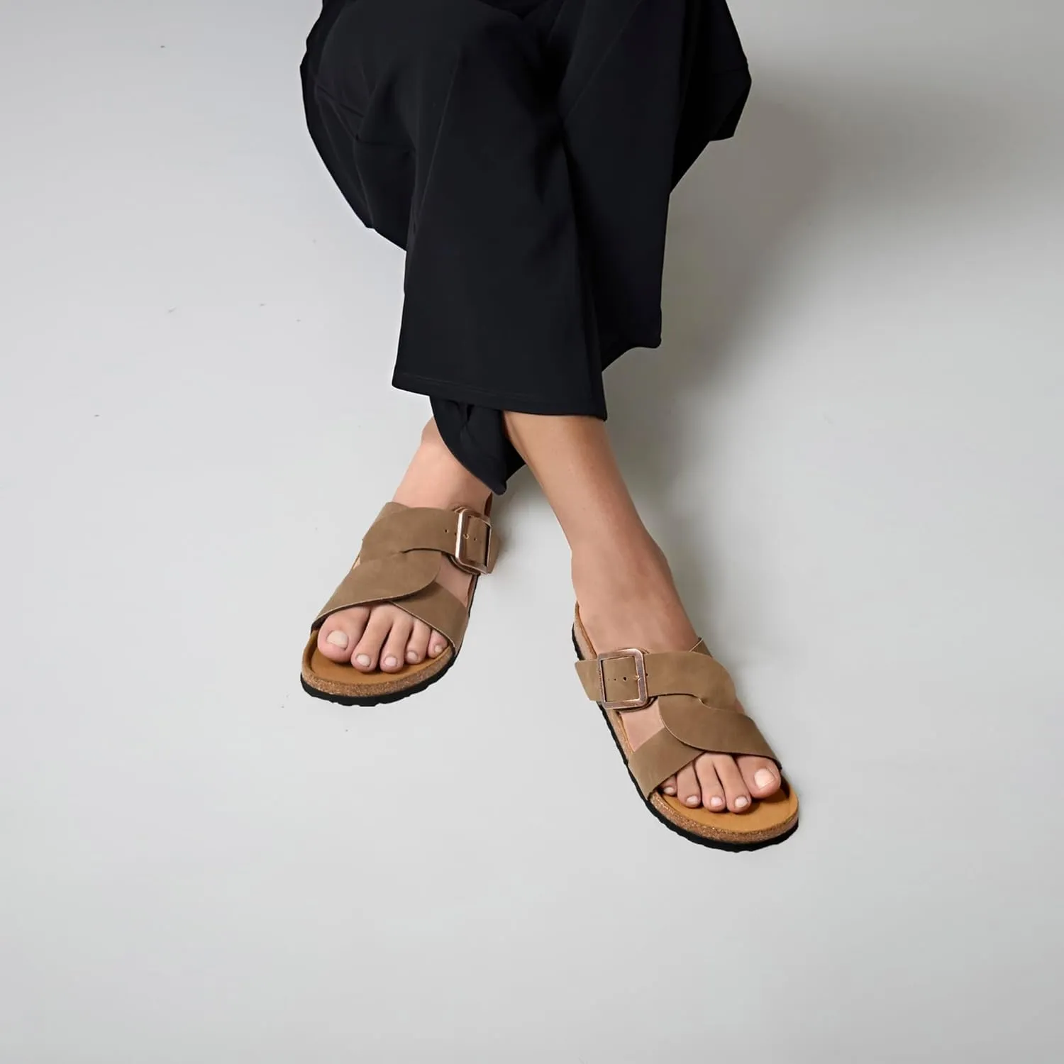 AEROTHOTIC Cork Recovery Slides for Women with Plantar Fasciitis Relief Comfortable Suede Footbed with Adjustable Buckle Cross Strappy Slip on Casual Travel Walking Beach Ladies Sandals