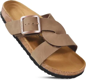 AEROTHOTIC Cork Recovery Slides for Women with Plantar Fasciitis Relief Comfortable Suede Footbed with Adjustable Buckle Cross Strappy Slip on Casual Travel Walking Beach Ladies Sandals