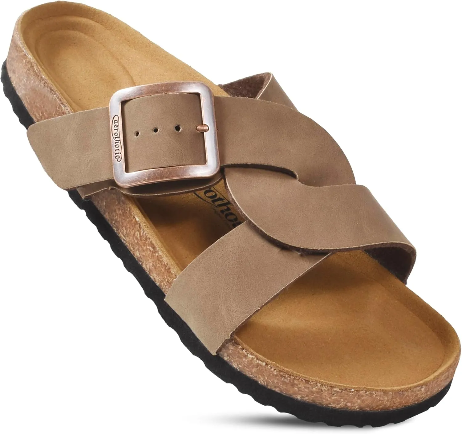 AEROTHOTIC Cork Recovery Slides for Women with Plantar Fasciitis Relief Comfortable Suede Footbed with Adjustable Buckle Cross Strappy Slip on Casual Travel Walking Beach Ladies Sandals