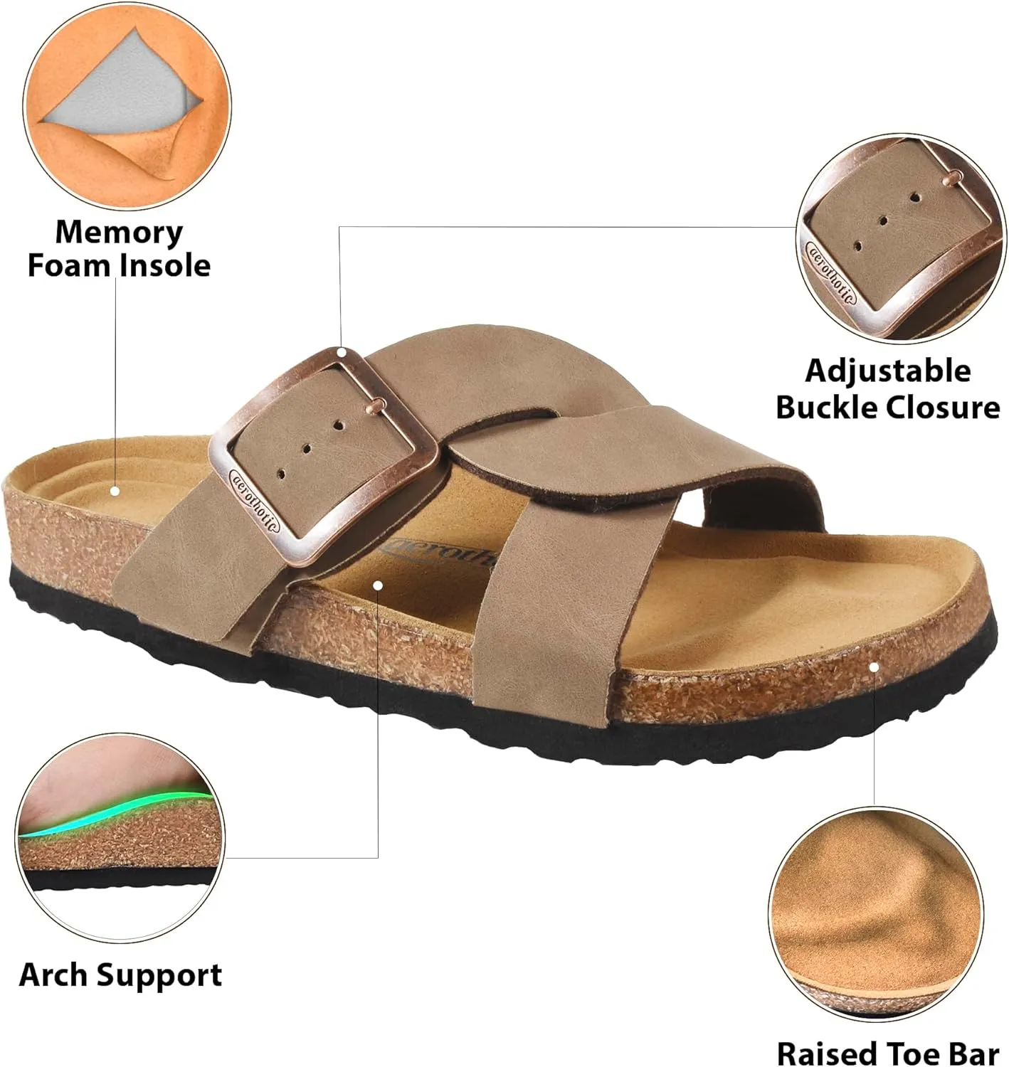AEROTHOTIC Cork Recovery Slides for Women with Plantar Fasciitis Relief Comfortable Suede Footbed with Adjustable Buckle Cross Strappy Slip on Casual Travel Walking Beach Ladies Sandals