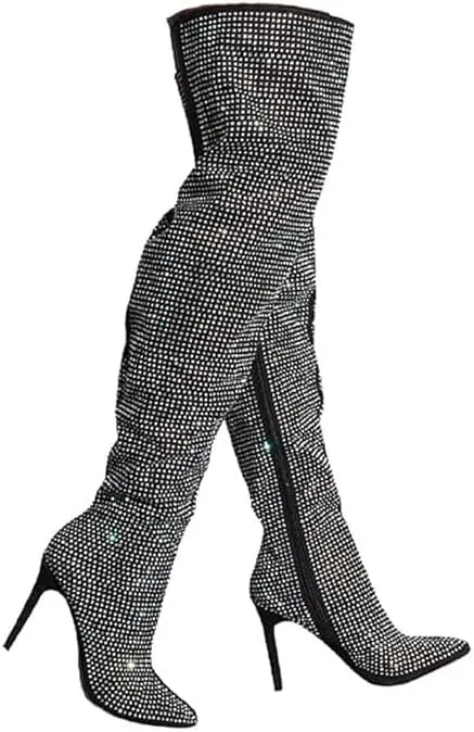 AKIRA Women's All Over Diamond Rhinestone Stripe Front Slouchy Thigh High Stiletto Boots-BLACK_9