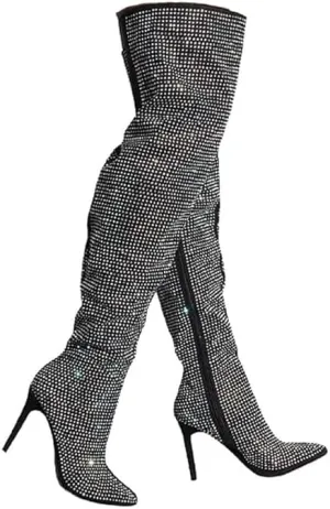 AKIRA Women's All Over Diamond Rhinestone Stripe Front Slouchy Thigh High Stiletto Boots-BLACK_9