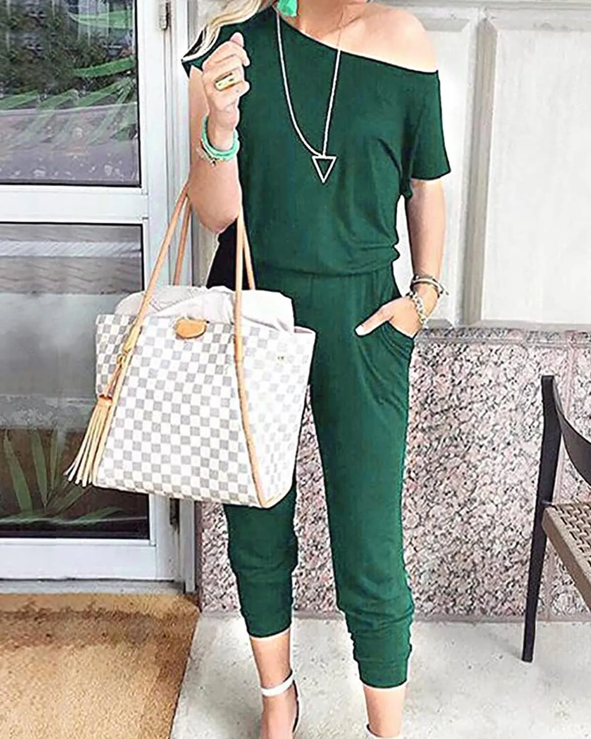 Alelly Women's Loose Fit Off Shoulder Elastic Waist Beam Foot Jumpsuit Rompers with Pockets