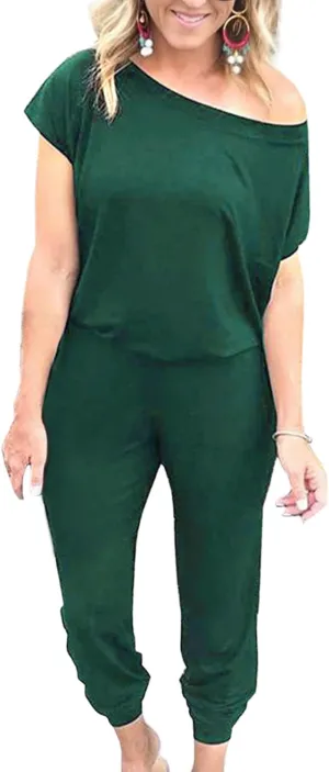 Alelly Women's Loose Fit Off Shoulder Elastic Waist Beam Foot Jumpsuit Rompers with Pockets