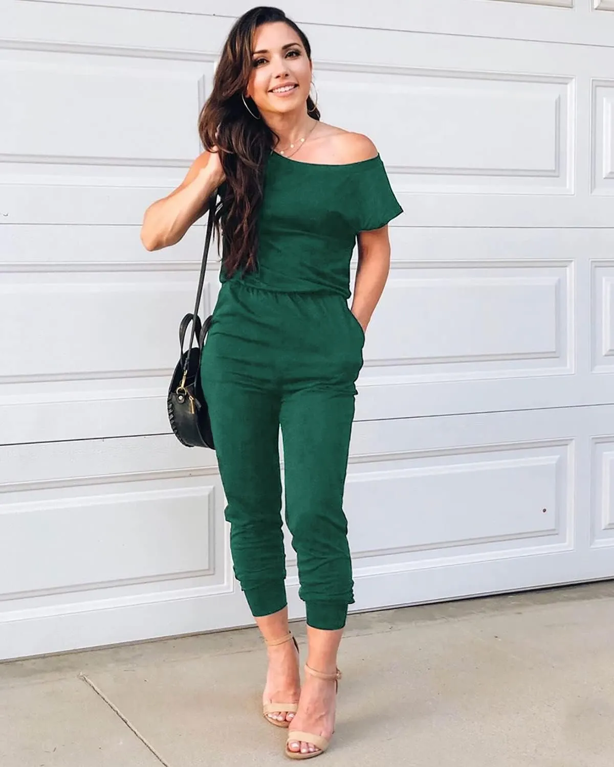 Alelly Women's Loose Fit Off Shoulder Elastic Waist Beam Foot Jumpsuit Rompers with Pockets