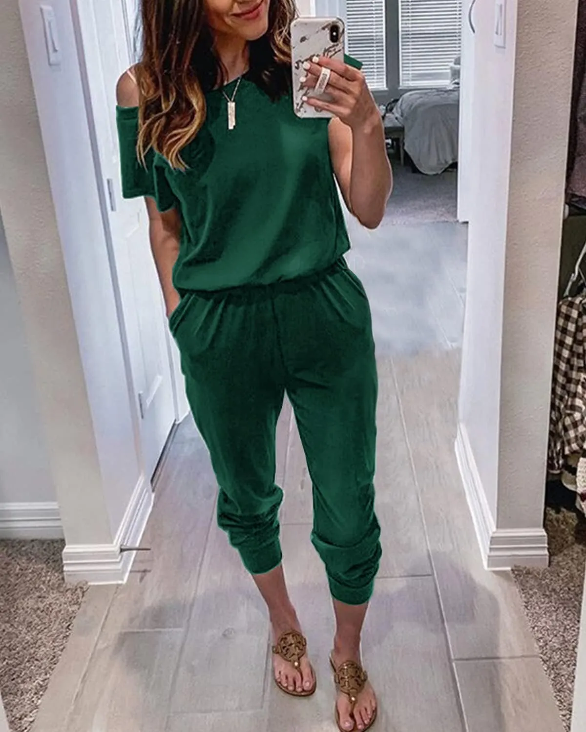 Alelly Women's Loose Fit Off Shoulder Elastic Waist Beam Foot Jumpsuit Rompers with Pockets