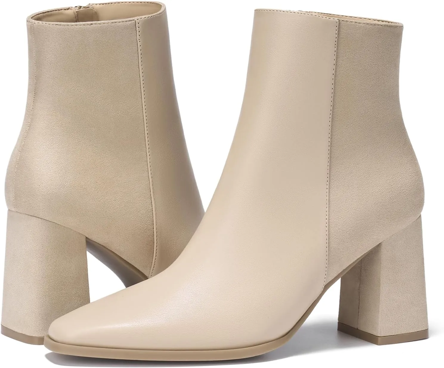 ALICEPUB Women's Ankle Boots Chunky Heel Booties Leather & Suede Dress Booties Square Toe Boots with Side Zipper
