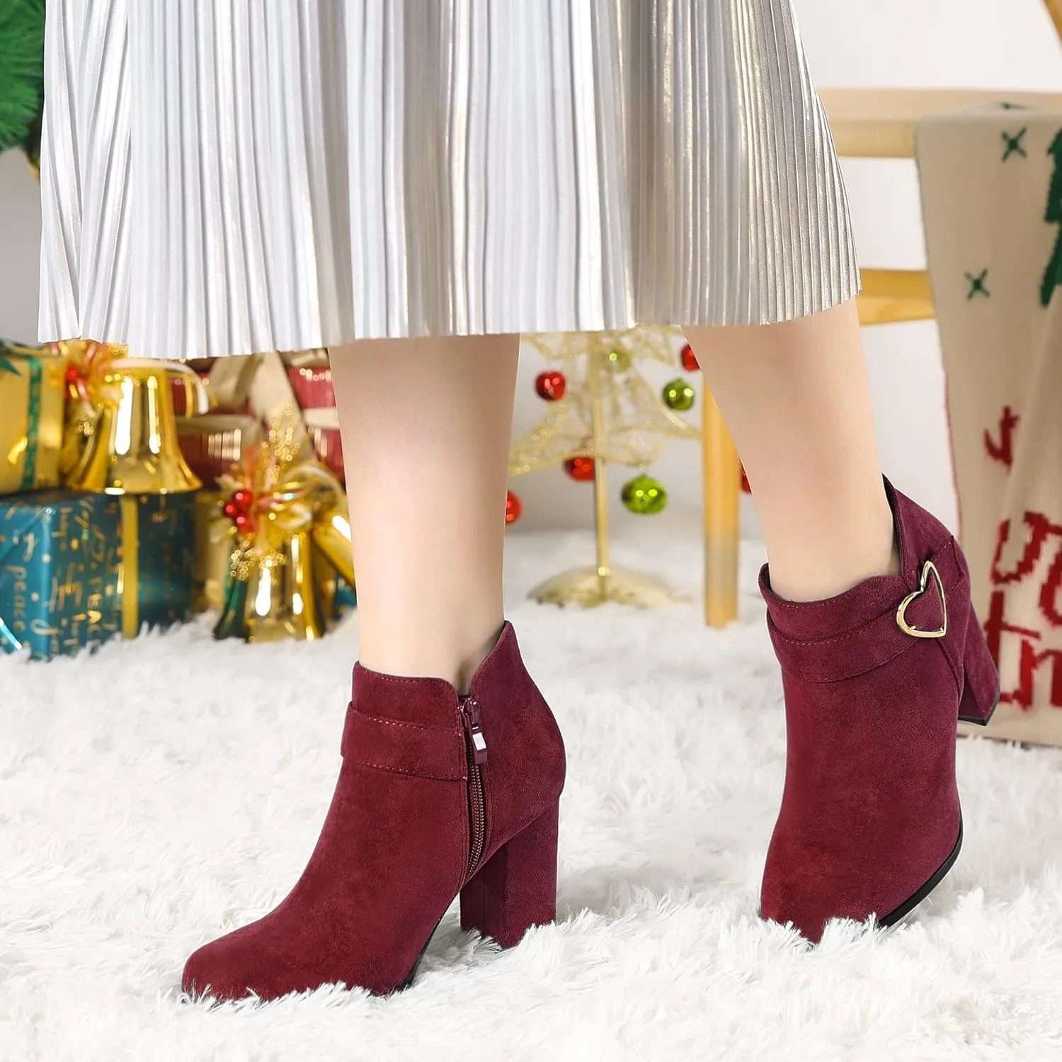 Allegra K Women's Buckle Side Zip Chunky Heels Ankle Boots