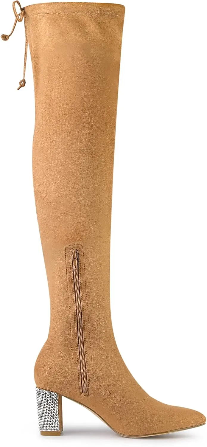 Allegra K Women's Chunky Heels Bling Rhinestone Over the Knee High Boots